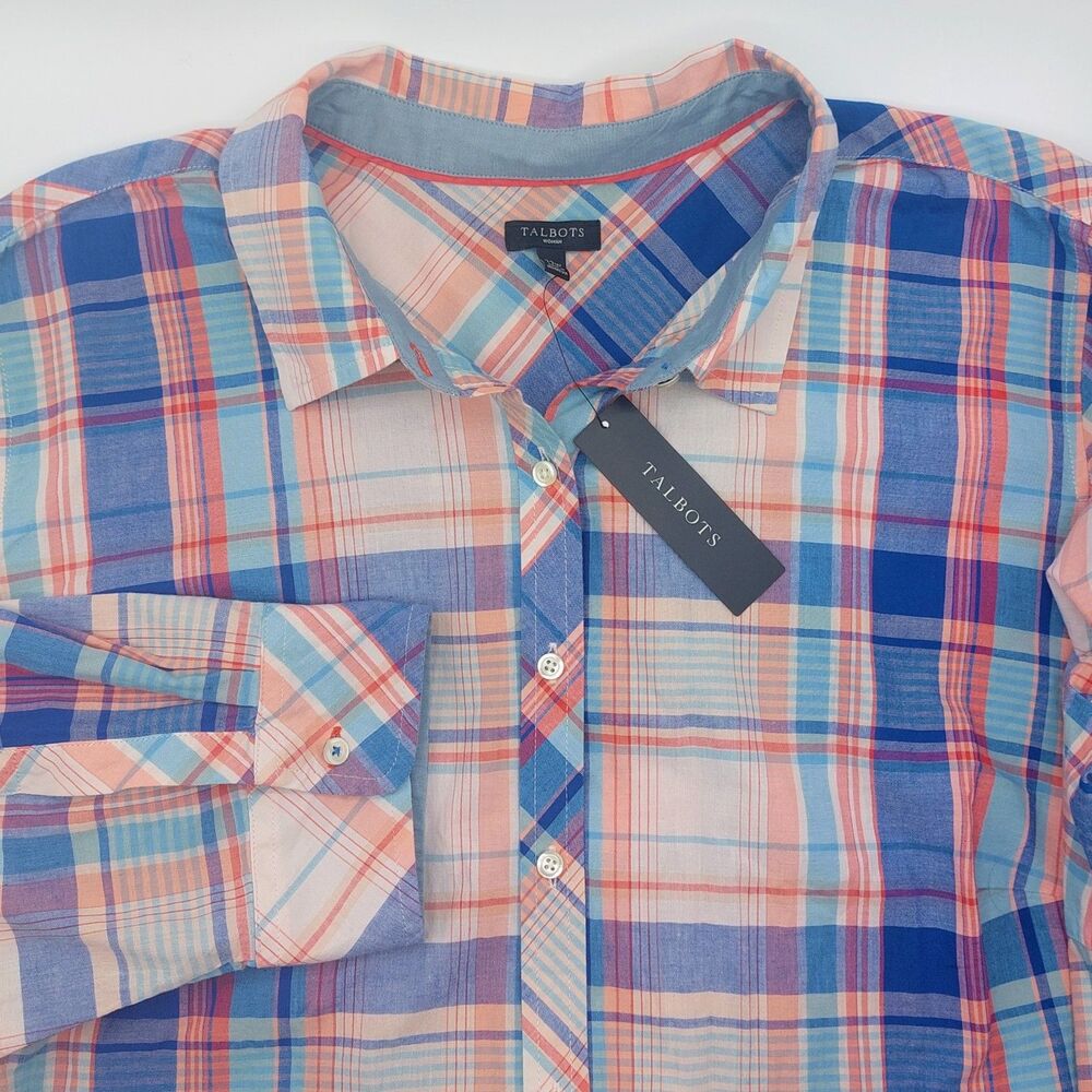 Talbots Plaid Long Sleeve 100% Cotton Shirt Women's 22W Colorful Flip Cuff NEW!